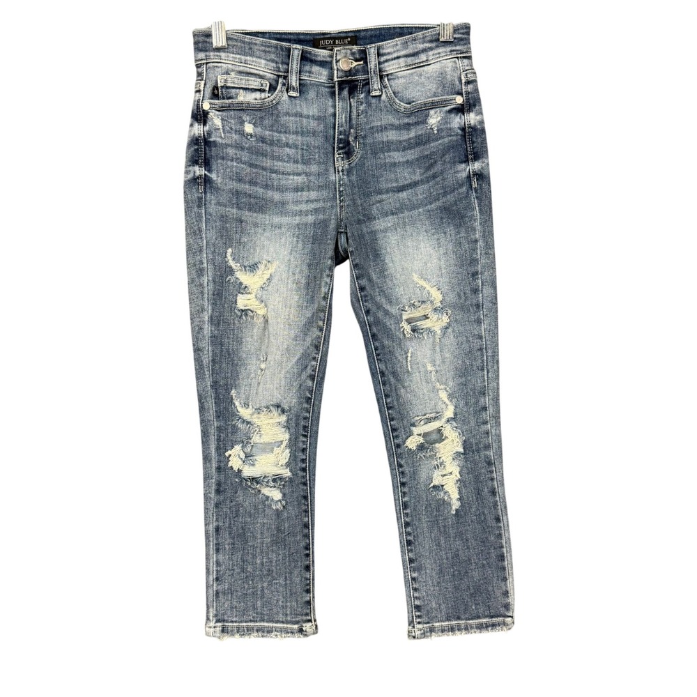 Judy Blue Skinny Fit Capri Jeans Women 0/24 Blue Distressed Denim Cotton Stretch